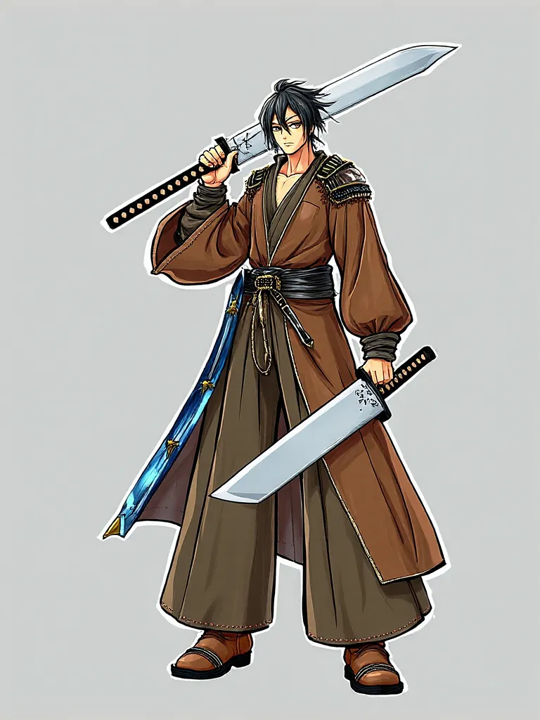 anime style, Tall and athletic man , brown skin, creepy black hair tied, Wide Face, Shihakusho preto, Cabassa alla waistband, brown samurai shoulder pads and gloves,a colossal sword, another katana shining smaller blue