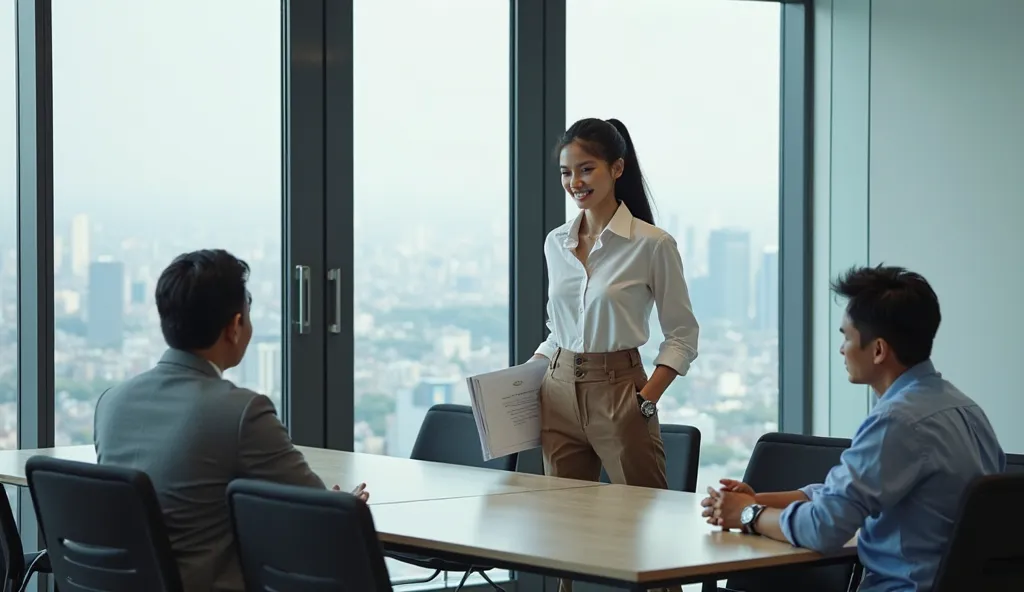 A modern meeting room with glass windows and door in wide shot, a large table and six modern black chairs in the meeting room, skyline showing from the windows, city view, realistic scene.  A supermodel sexy attractive, big boob Asian woman enters the room...