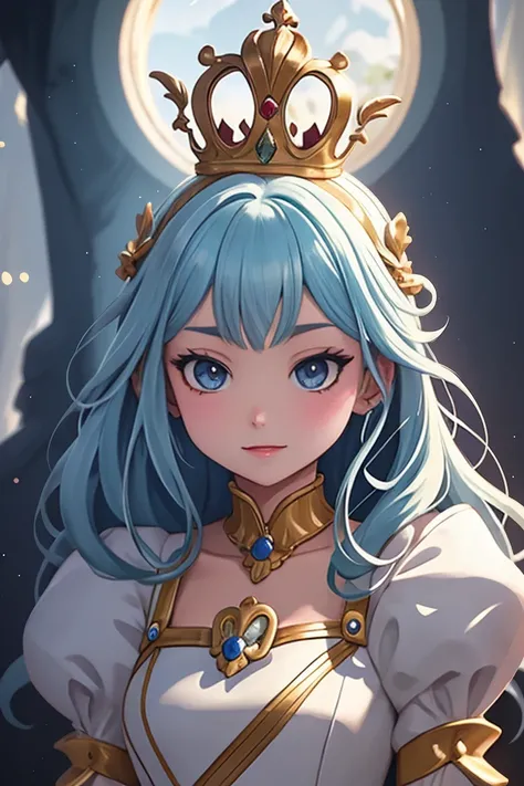 A woman in a white dress with a crown on her head, a Beautiful Fantasy Queen, ((Beautiful Fantasy Queen)),  a portrait of a princess , a work of art in the Guvez style. 5D CGI Anime Fantasy Artwork, 8K high-resolution detailed drawing  