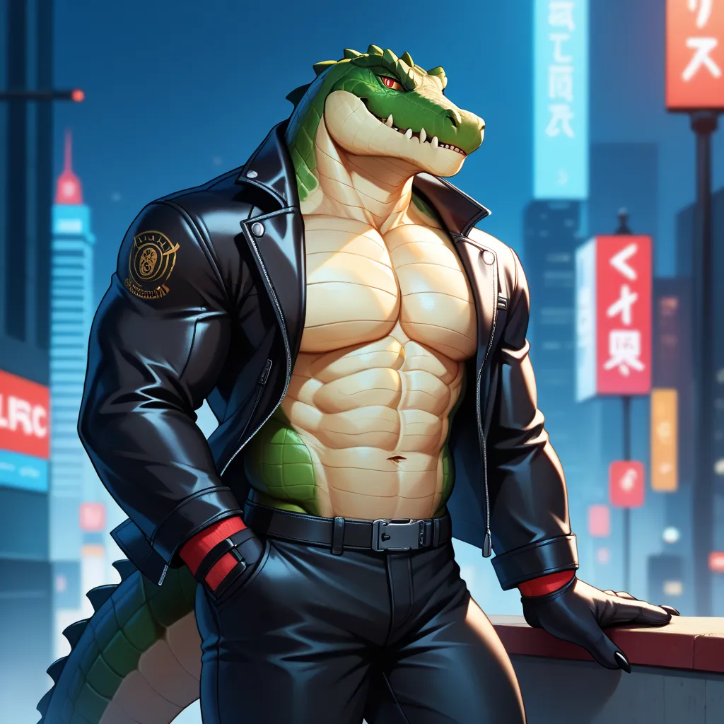 solo, male, humanoid, ultra details, Alligator, ultra detailed muscles, black scales, white belly, handsome, black claws, muscular, ultra detailed slit eyes, red colour iris, ultra detailed teeth, pecs, hind legs, tail, Masterpiece, ultra hi-res, 8k, depth...