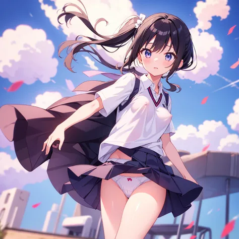 cute, , girl, , black hair, twintails, schools制服, white polo shirt, (vest), miniskirt, white high socks, Medium Bust, nipples are visible, (((change))), schools, (( shiny skin)), ((White Panties)), ((Wind Blows Up)), (( Panchira)), ()