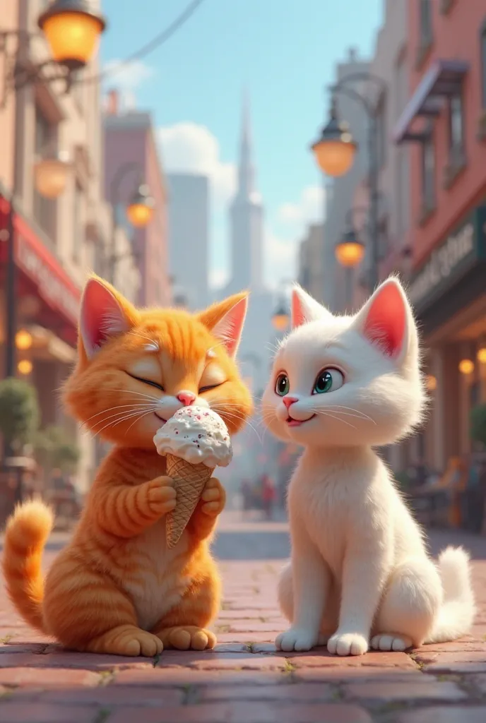 Generate a high quality 3D image:An orange cat eating a icecream with a white cat in the city 