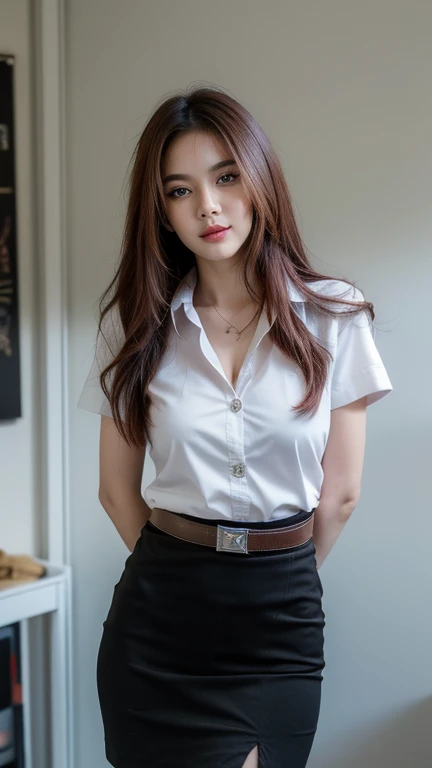 Pretty thai woman red hair , (8k, best quality, masterpiece, ultra highres:1.2) Photo of Pretty thai woman beautiful, beautiful enchanting fashion contemporary painting with , (1girl), (white shirt short sleeves), ((black pencil skirt)), belt , red hair , ...