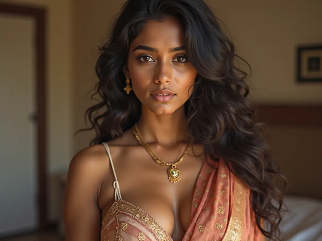 A beautiful Indian tamil woman, fair white north indian skinned, glow skin, beautiful lips, black eyes, sexy, alluring beautiful, deep cleavage, (seductive stare:1), Advance resolution,. 21 years old, looking like a super model, long black and brown long h...