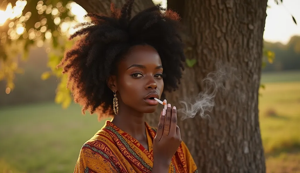 Destini , boucles longues et soyeuses , une femme afro-américaine aux formes généreuses à la peau lisse , allongée dans un hamac tressé sous un chêne majestueux . sa pose décontractée dégage un sentiment de bien-être alors qu'elle inspire une cigarette rou...