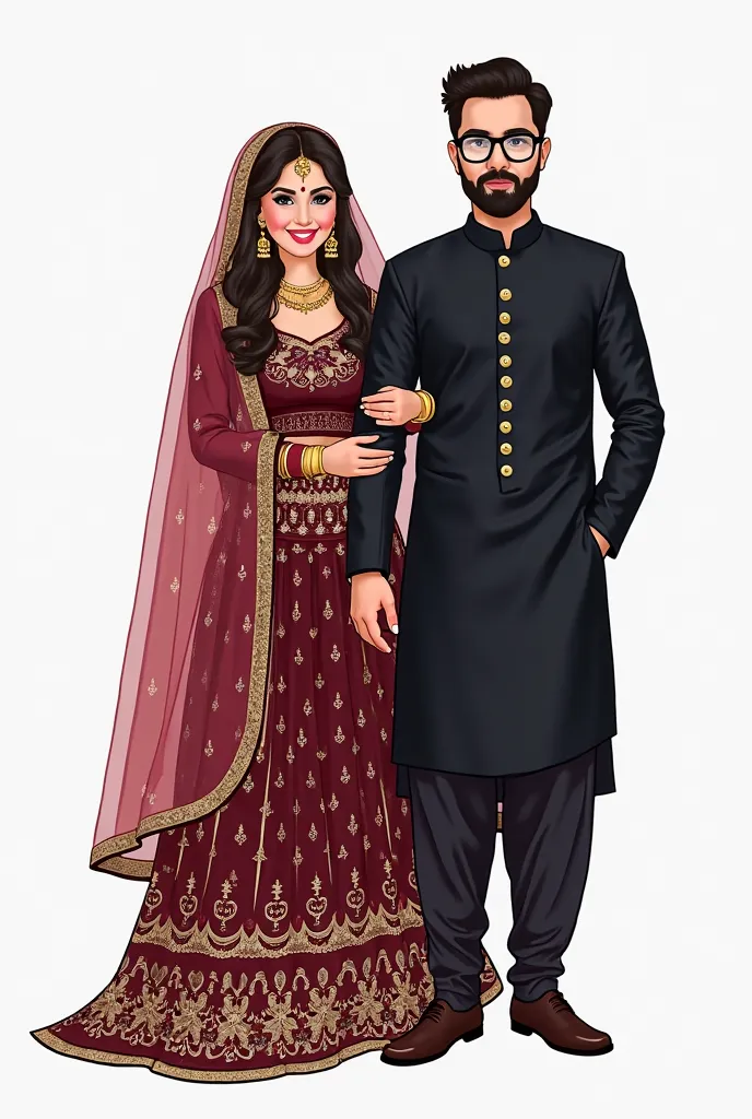 An illustration of  Pakistani bride and groom. Bride is wearing maroon lehnga the groom is wearing black sherwani and wearing glasses as well . The background should be transparent. Bride height should be shorter than the groom