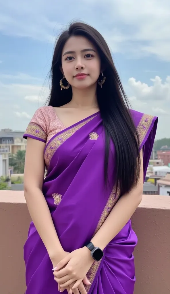 cute beauty 18 year old girl,she  with long black hair,she wearing a Indian purple sari . She has inviting expression on her face, Her eyes are bright and her lips are slightly, She is standing  background hap wall sky  hands are clasped in front of her an...