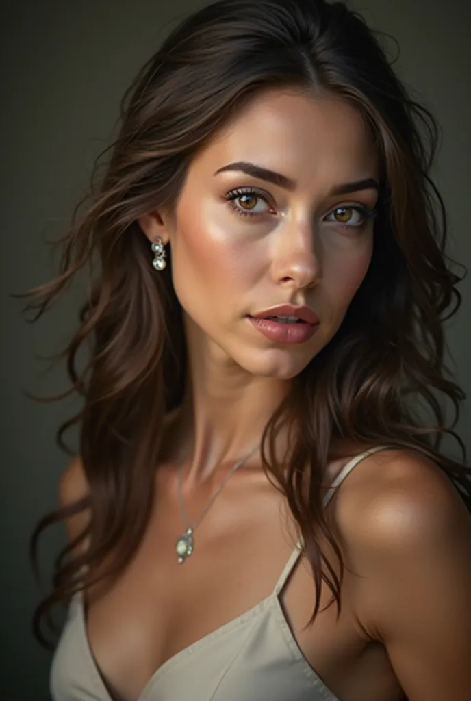 A woman with diamond shaped face, long but not really thick and not really arched eyebrows, button and small nose, full lipas, a bit v-shaped chin, long haired not that thick