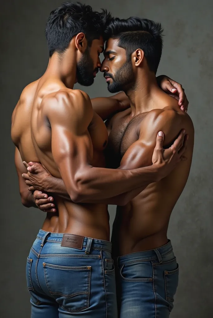 Two South Indian heroes,handsome,dark, muscular, hugging, sixpack, bulge, tight thighs, blue jeans, visible underwear, butt crack, hands in pants