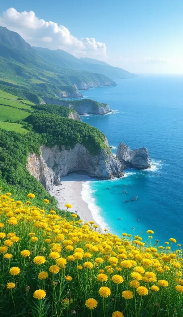   masterpiece, 最 High quality , High quality , HD CG Unity 8k Wallpaper ,   landscape,  outdoors, 三陸海岸切り立ったcliff,  青いInvalid, Dandelion flower field , 断cliffのcliffの上から,  landscape, Deep blue ocean 、seaside, cliff, nature, Invalid, 切り立ったcliff, 。