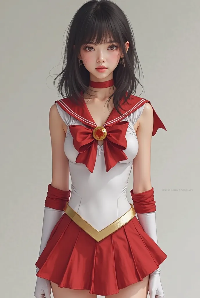 One girl,Realistic, Sharp focus, ultra realistic photo, High resolution, Alone, full body photo, realistic ((sailor mars)) costumes.  ((sailor mars)). Beautiful young woman ((ana de armas)) ((gal gadot)), european russian japanese young women、black straigh...