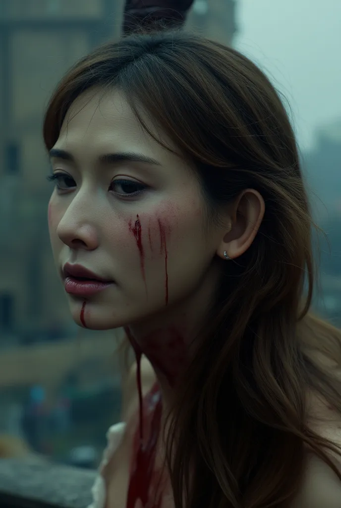  8K Closeup Movie Photos ,Long-haired beauty slashed The head of a beautiful woman was hung on a mast outside the city wall（without a neck，Shoulderless ，Only the head），The head is covered in light makeup and the eyes are closed，There is clear blood drippin...