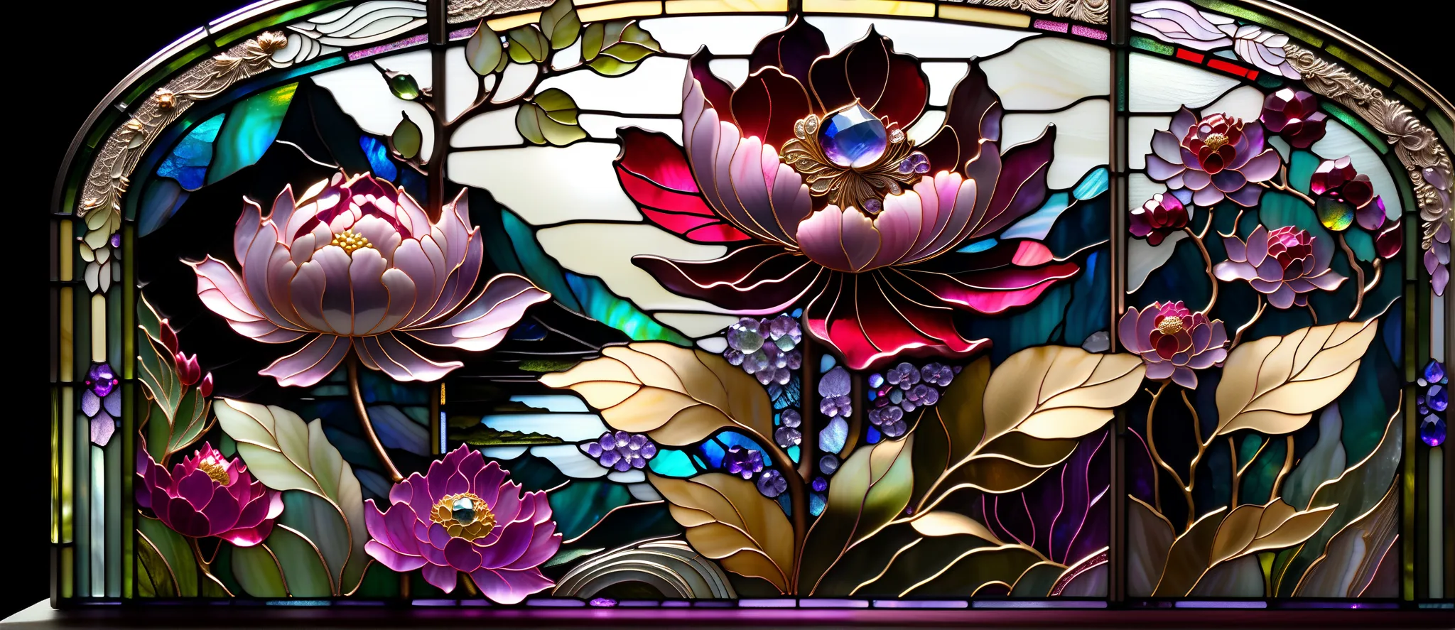 3 basic colors  , movie,   Japanese garden in clear glass  ,  Ruby Peony Flowers  , , Baroque, Claora,  Highly Detailed Stained Glass,  Amethyst Crystals , iridescent labradorite crystal,   Andy Kehoe  , John Blanche, intricate and highly detailed backgrou...