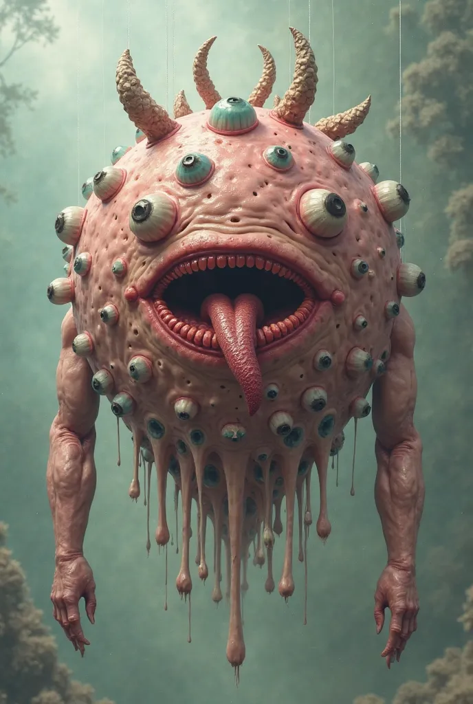 floating spherical creature, of muscular texture, of a pinkish-reddish color with a multitude of human eyes of different colors without eyelids, in the lower part they hang and wave small gelatinous tentacles, In the central part it has a horizontal vagina...