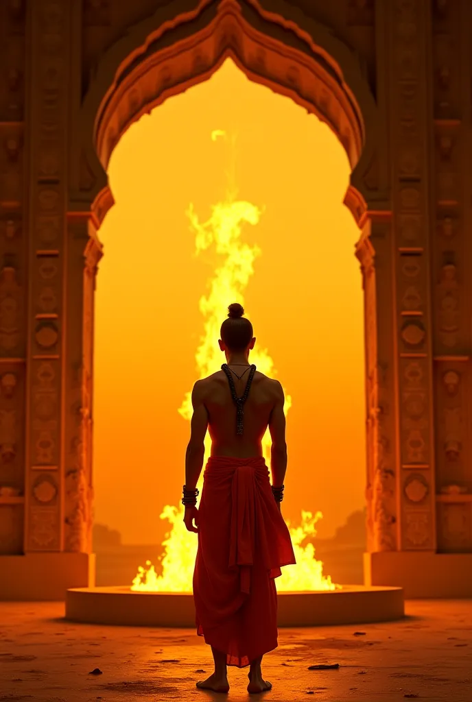 Inside an ancient temple, Acharya Chanakya stands before a sacred fire, his eyes reflecting the golden flames. He wears a deep saffron dhoti, a black beaded mala, and has a bold tilak. The temple is set against an endless desert landscape glowing under a g...