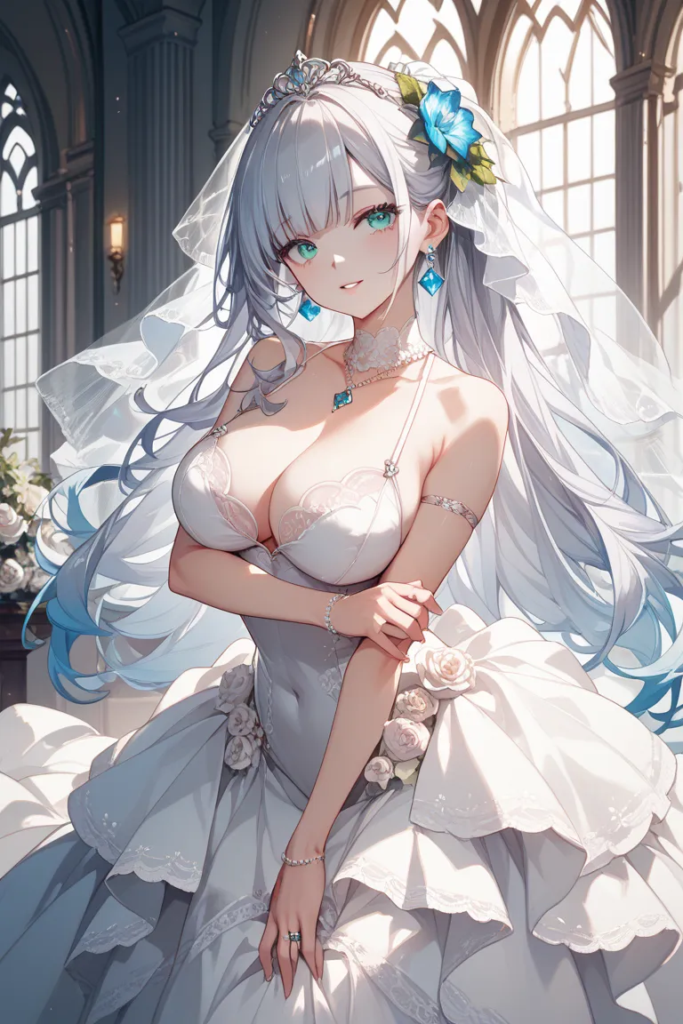 woman、aquamarine eyes、 Silver Hair、long hair、Garnet Rings 、white skin、Big Breasts、 Slim、wedding dress to replace the bride