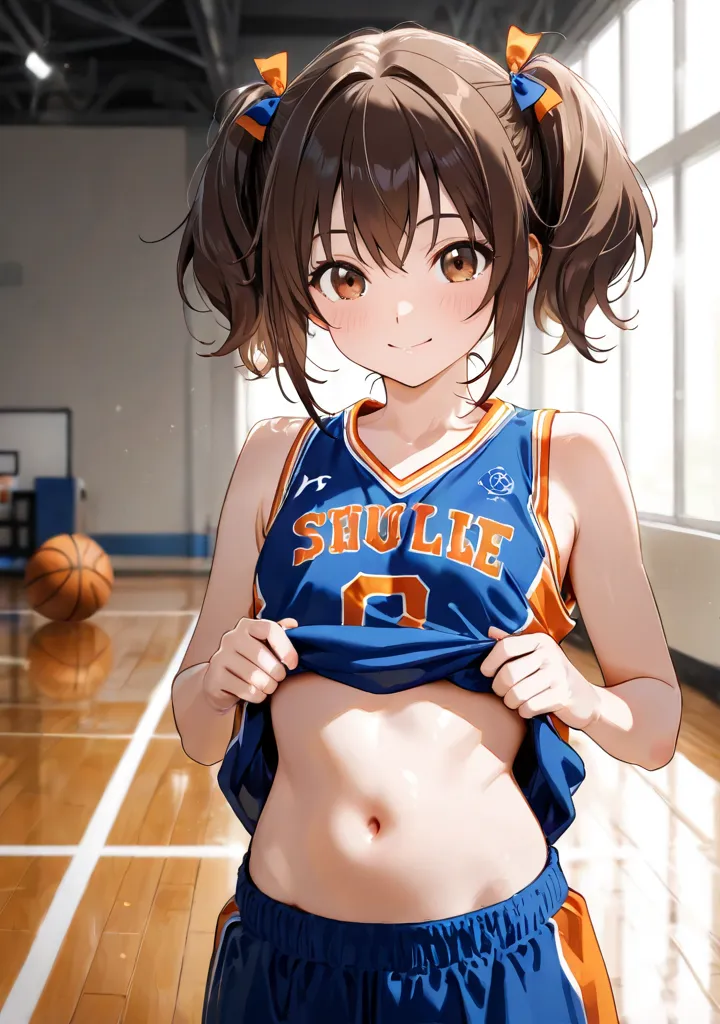 ( masterpiece), top quality , natural light, , Diffuse Light, alone,   Beautiful Anime   、 Beautiful Artistic Style , 赤い頬、( beautiful eyes), brown eyes, brown hair,  2 of the hair accessories、hair bite, short hair、pigtails、( basketball uniform、uniform lift...