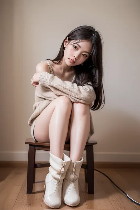 Full shot of a young woman seated on a light-brown wooden stool. The woman is young and Japanese, with long dark brown hair that is nicely straight. She is wearing a cream-colored, cropped mid-riff, cable-knit sweater and black wide-leg underwears.  Her sh...