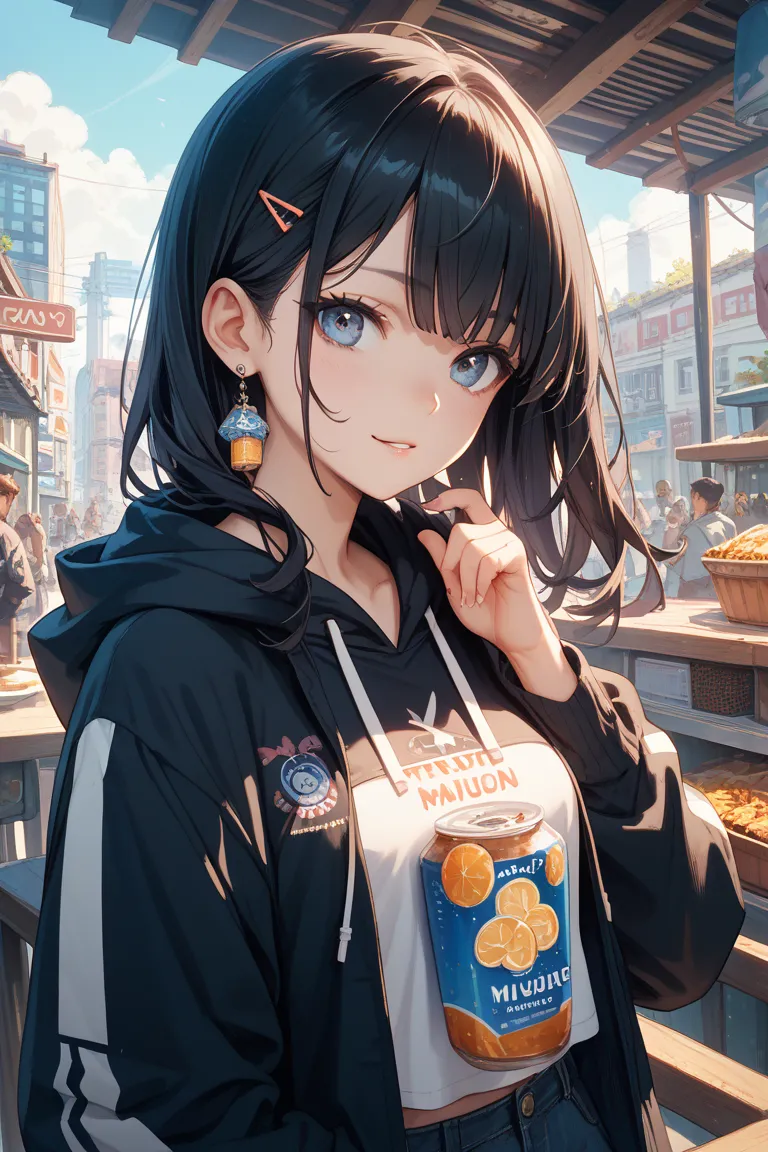 Black Haired Semi-Long、Double sauce、Minicaracter of a girl wearing a hoodie