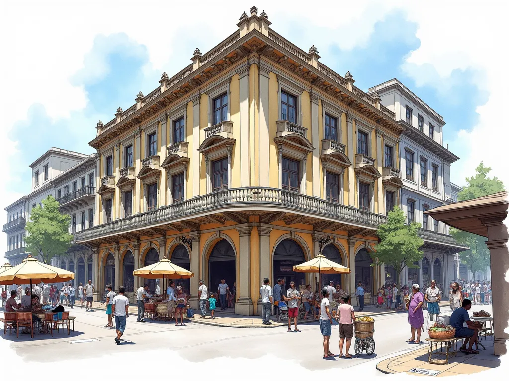 "A busy, lively street scene in front of a grand, old corner building with detailed colonial architecture, in a watercolor style.  The building retains its original features.  Focus on adding activity at the street level.  Depict people engaged in their da...