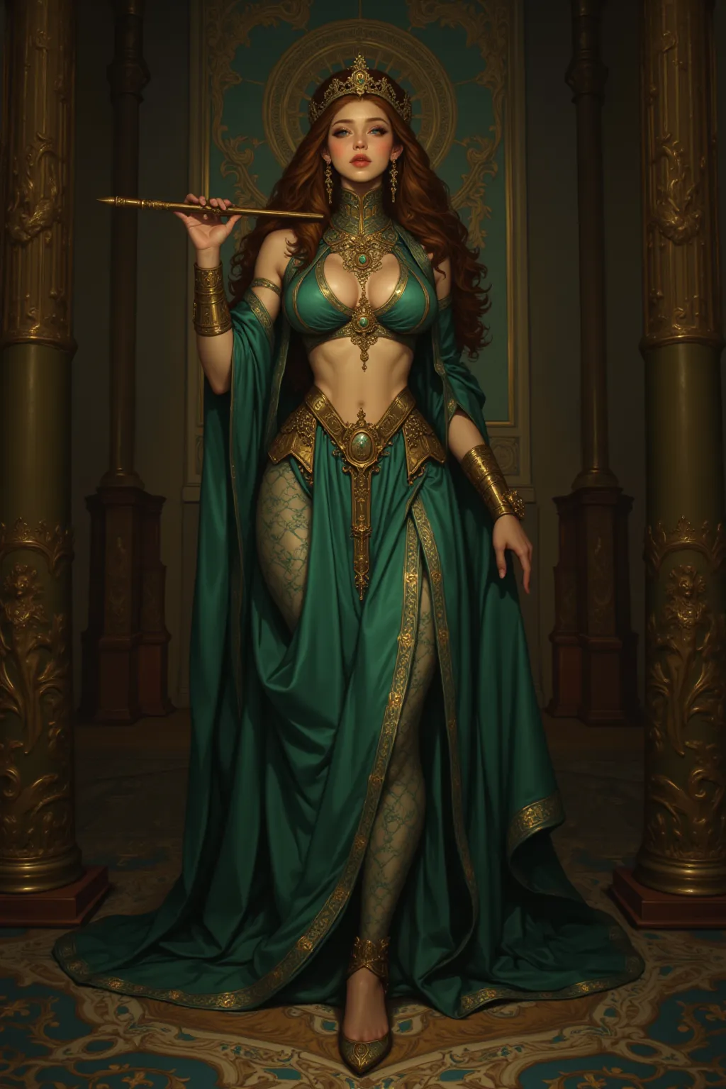 Euterpe – The muse of music. A tall, elegant woman with well-defined features and an hourglass figure. She has chestnut-brown hair, sky-blue eyes, and wears flowing jade-green robes embroidered with gold. Holding a beautifully crafted flute, she stands in ...