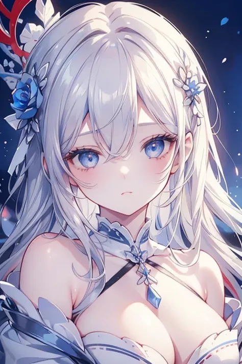 Girl with gray hair and blue eyes、Blonde and blue-eyed girl、Fluffy clothes、Surrounded by roses,beautiful and detailed eyes ,(masterpiece: 1.2), Best Quality, High resolution, Unity 8k Wallpaper, (Illustrations: 0.8), (Beautiful red blue details: 1.6), Perf...