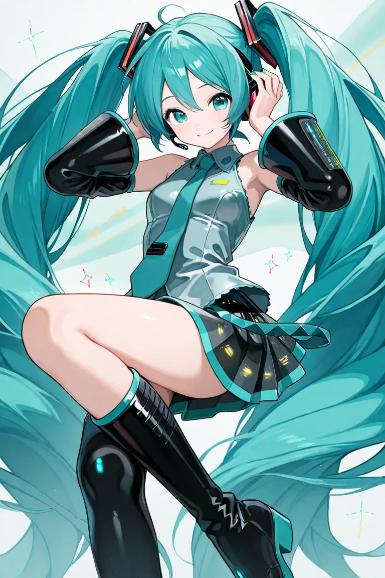 1 girl,pretty girl,cute,smile, vocaloid ,Hatsune Miku,turquoise eyes,Blue Green Long Twin Tails,Green nails ,miniskirt,sleeveless,tie,headphones,black arm covers,black long boots