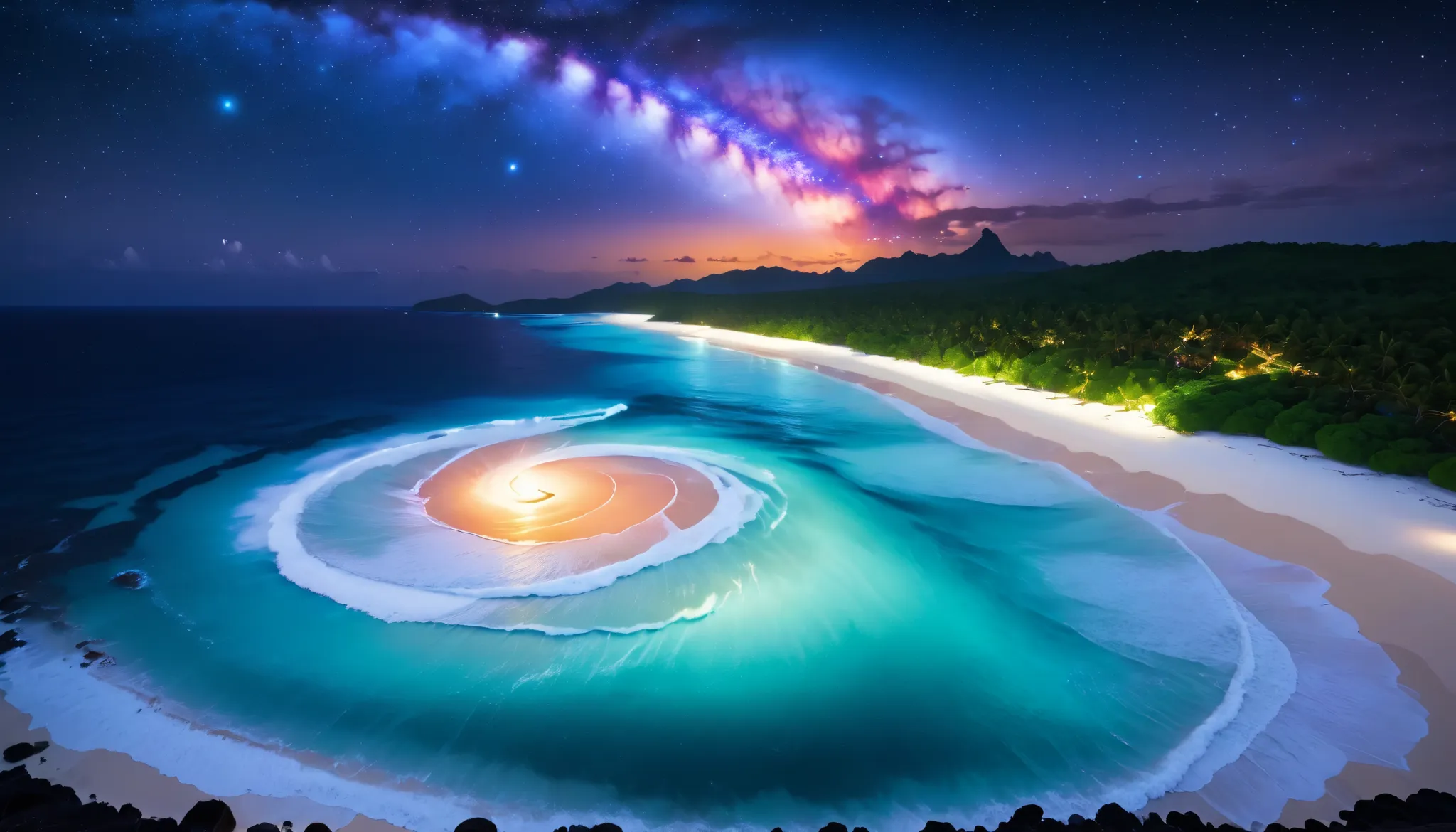 超High image quality while sick,High image quality while sick,high quality,nighttime scenery,tropical beach,  that shines steadily  ，The ocean breeze is blowing，Blue fluorescent beaches spread out spectacular seascapes，(The blue light shines in big waves)， ...