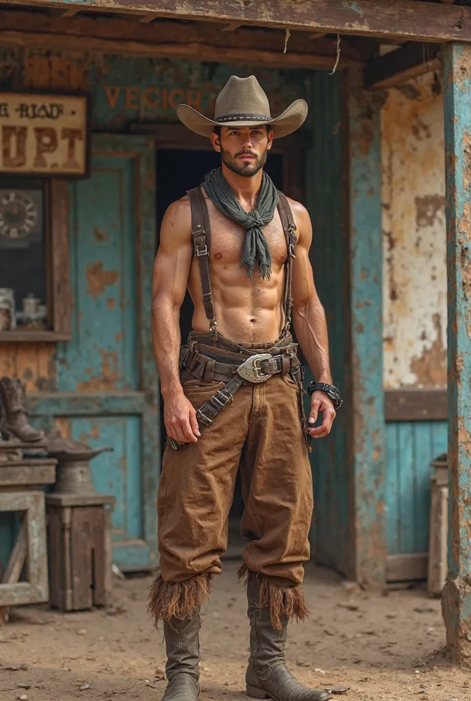 The 19-year-old young man, originally from France, is a cowboy. The picture shows half behind it as a cowboy-era shop.