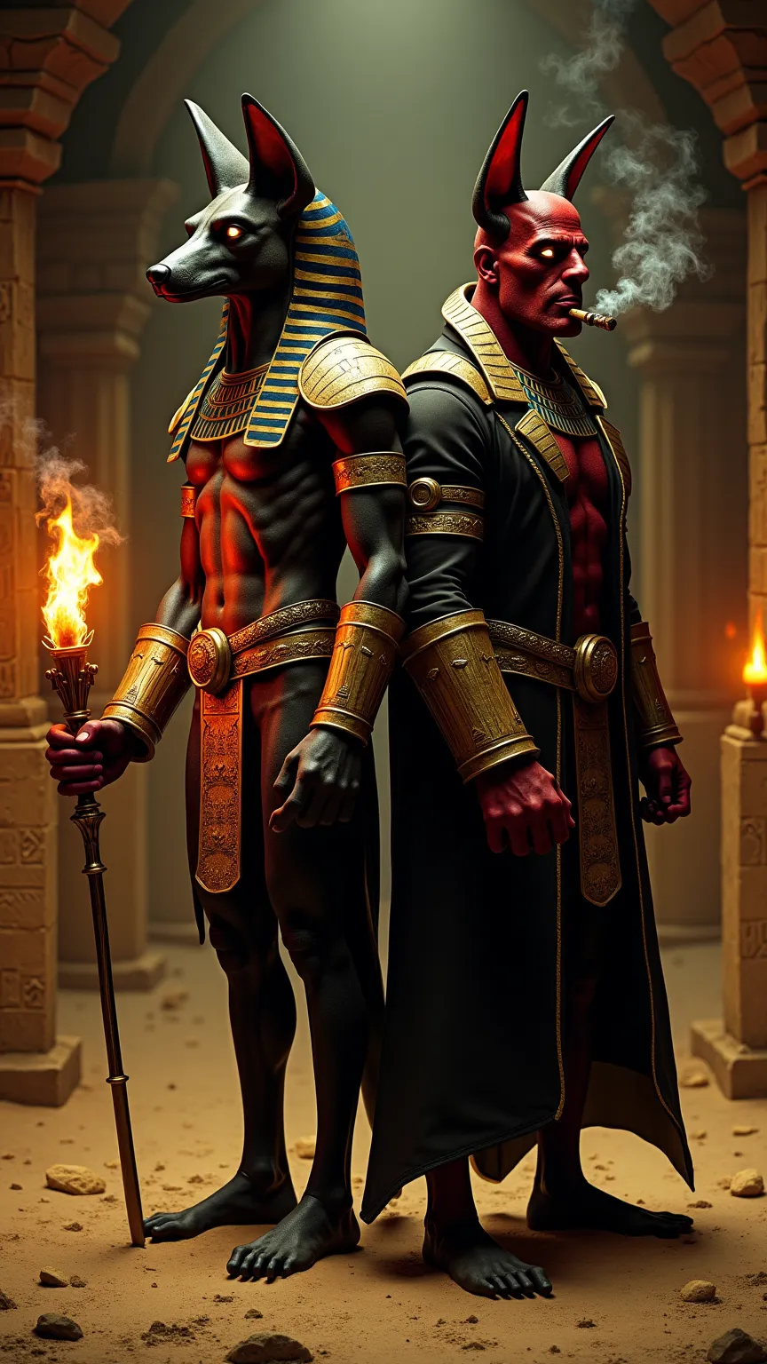 Anubis, the Egyptian god of death, stands tall, his jackal-like form wrapped in ancient golden armor.
Hellboy, the demonic warrior, grips the Right Hand of Doom, his stone fist crackling with infernal power.
They stand back to back in an ancient crypt, tor...