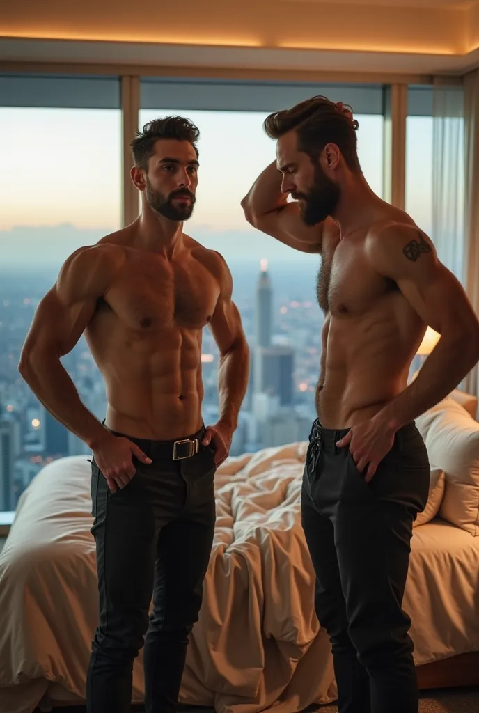 Yeh raha tumhara updated prompt:  

**"A professional, cinematic photograph of two young men, both around 27 years old, standing confidently in a luxurious penthouse bedroom, wearing only stylish, well-fitted designer pants. They have fit and well-groomed ...