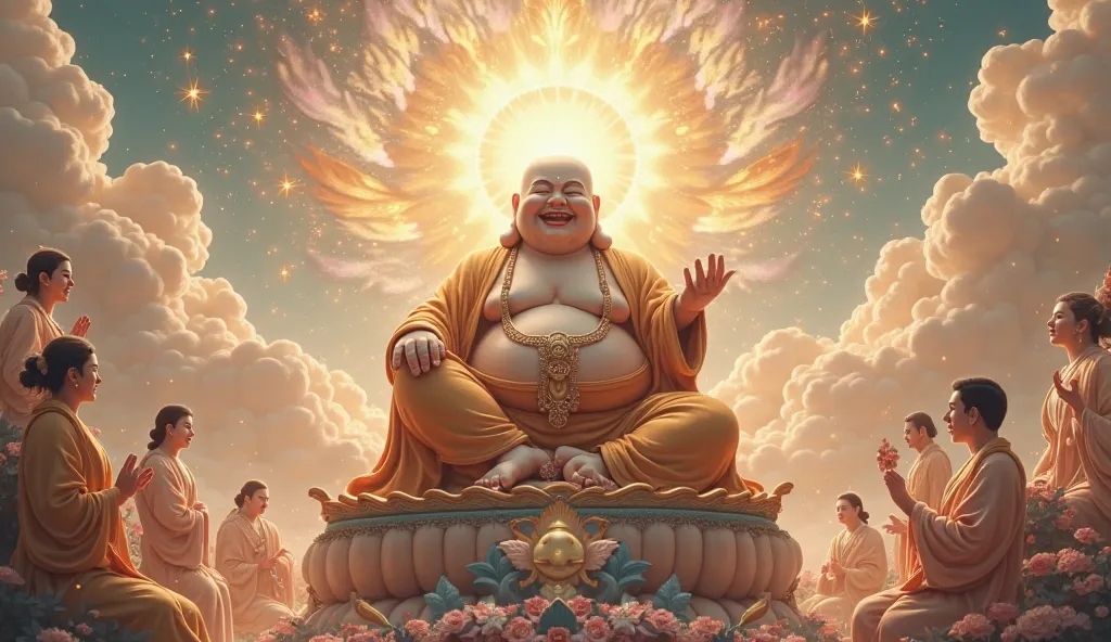 Draw an image of the Laughing Buddha sitting and teaching in the heavenly realm, with different beautiful scenes alongside various celestial beings.