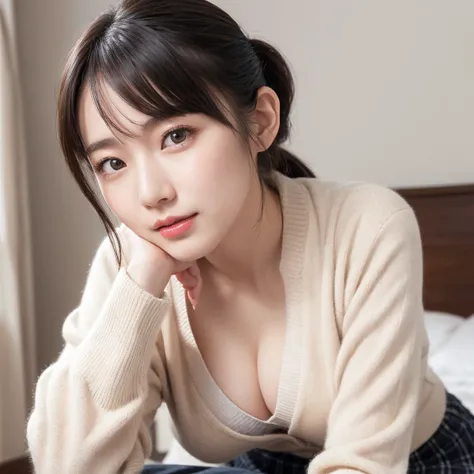 (Super beautiful Japanese girl 18 years old:1.2), A proper woman, masterpiece, top quality, Great Skin, delicate face,  cool smile, Youngface,  Clean Look ,  sparkling eyes, double eyelids, plump breasts、 ((high definition)), ((Extremely Detailed CG Unity ...