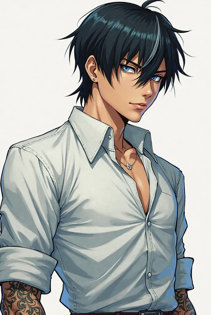 Takasugi Ren, a 25-year-old, 5’11”, 160 lbs Japanese Yakuza enforcer with jet black hair featuring subtle silver streaks and icy blue eyes. He boasts defined muscles, a lean athletic build, and a strong jawline paired with a stern, manga-style expression. ...