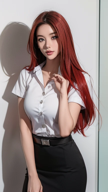 Pretty thai woman red hair , (8k, best quality, masterpiece, ultra highres:1.2) Photo of Pretty thai woman beautiful, beautiful enchanting fashion contemporary painting with , (1girl), (white shirt short sleeves), ((black pencil skirt)), belt , red hair , ...