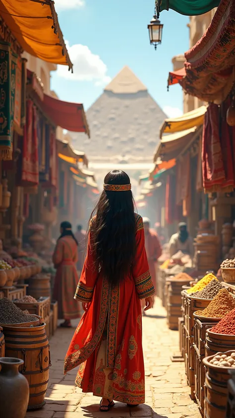 High definition、 Scenery、A market unique to the Middle East from a slightly older era、mall、Long Haired Girl in Egyptian Costume、The background of the market on the hill with a view of the pyramid