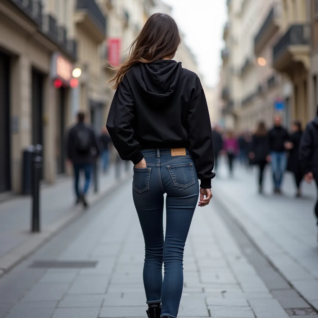 araffed woman in jeans and a black top walking down a street, jeans, wearing jeans, wearing jeans and a black hoodie, jeans pants, wearing tight simple clothes, jeans and black boots, wearing a dark shirt and jeans, back slit, black extremely tight jeans, ...