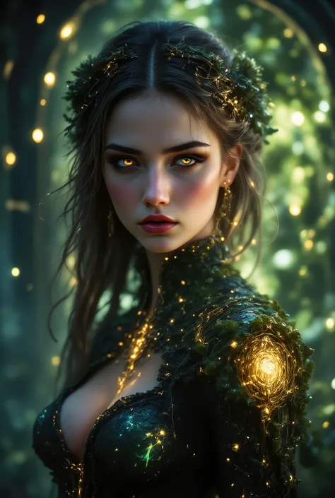 great , girl dressed in fir branches, sexy,  Olfactory , delightful, wonderful миловидное лицо,  soft lips , on her arm A beautiful city pattern sewn, close up shot, the magical city shimmers with a combination of magical colors,  Masterpiece , 8 k, best q...