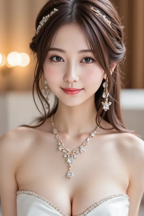 A close up of a woman wearing a green dress and a necklace - SeaArt AI