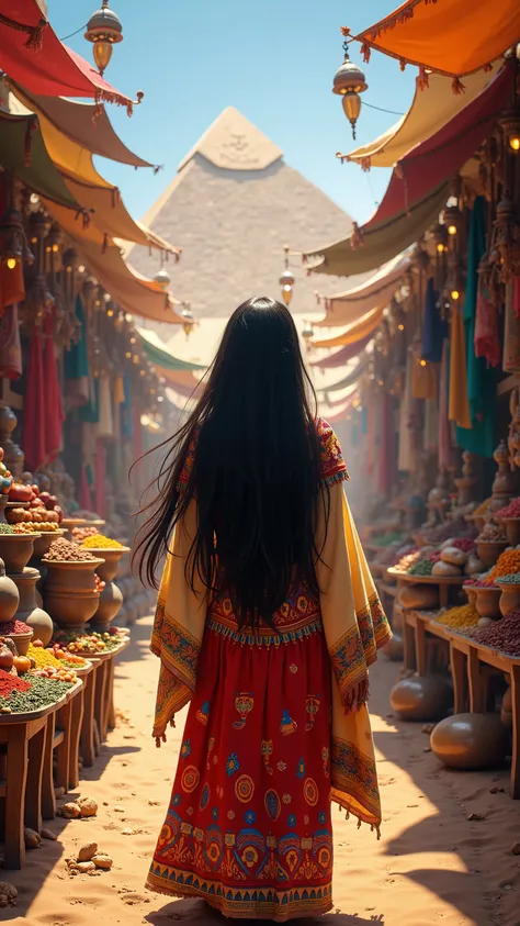 High definition、 Scenery、A market unique to the Middle East from a slightly older era、mall、Long Haired Girl in Egyptian Costume、The background of the market on the hill with a view of the pyramid