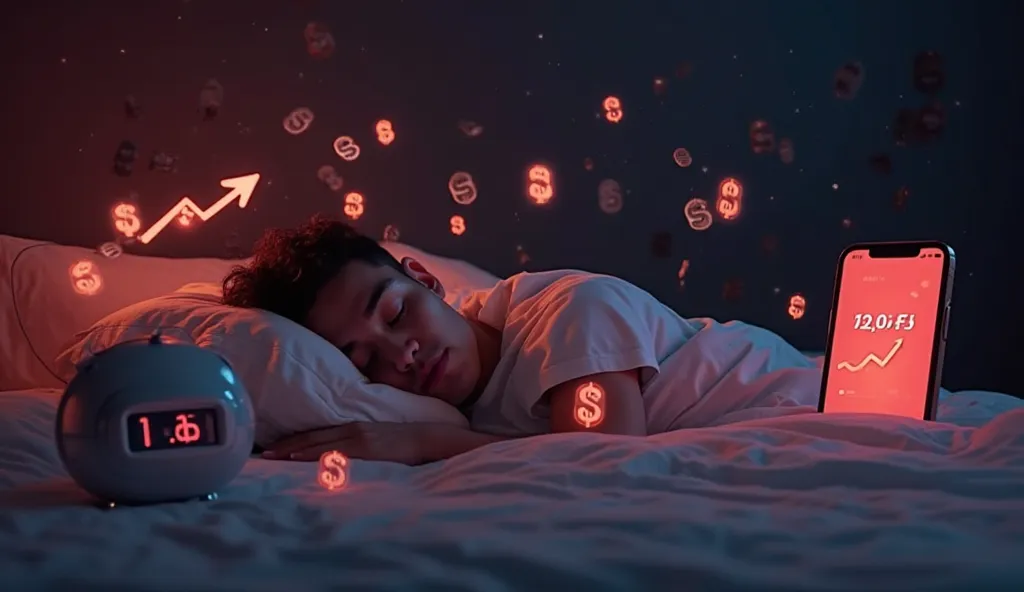 "A high-quality YouTube thumbnail for a finance video, designed to be highly clickable and attention-grabbing. A young man sleeping peacefully on a bed, with glowing dollar bills floating around him, symbolizing passive income. A sleek smartphone screen sh...