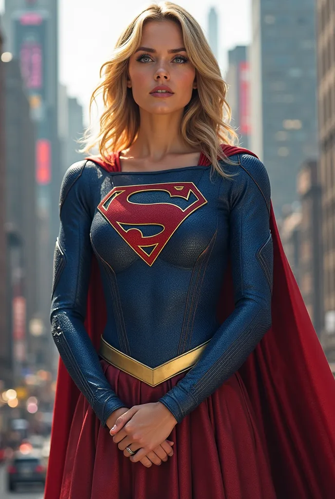 Supergirl stands with folded hands.
