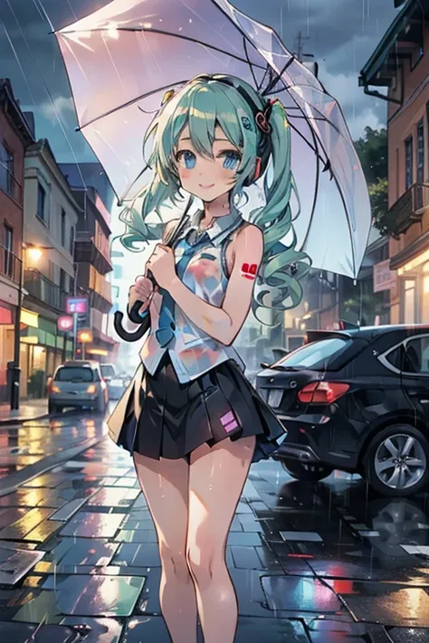 1 girl,pretty girl,cute,smile, vocaloid ,Blue Green Long Twin Tails,Green nails ,Blue Eyes,miniskirt,sleeveless,tie,headphones,black arm covers, black long, holding a light blue umbrella,Rainy town,Car headlights reflecting on wet roads,Town lights shining...