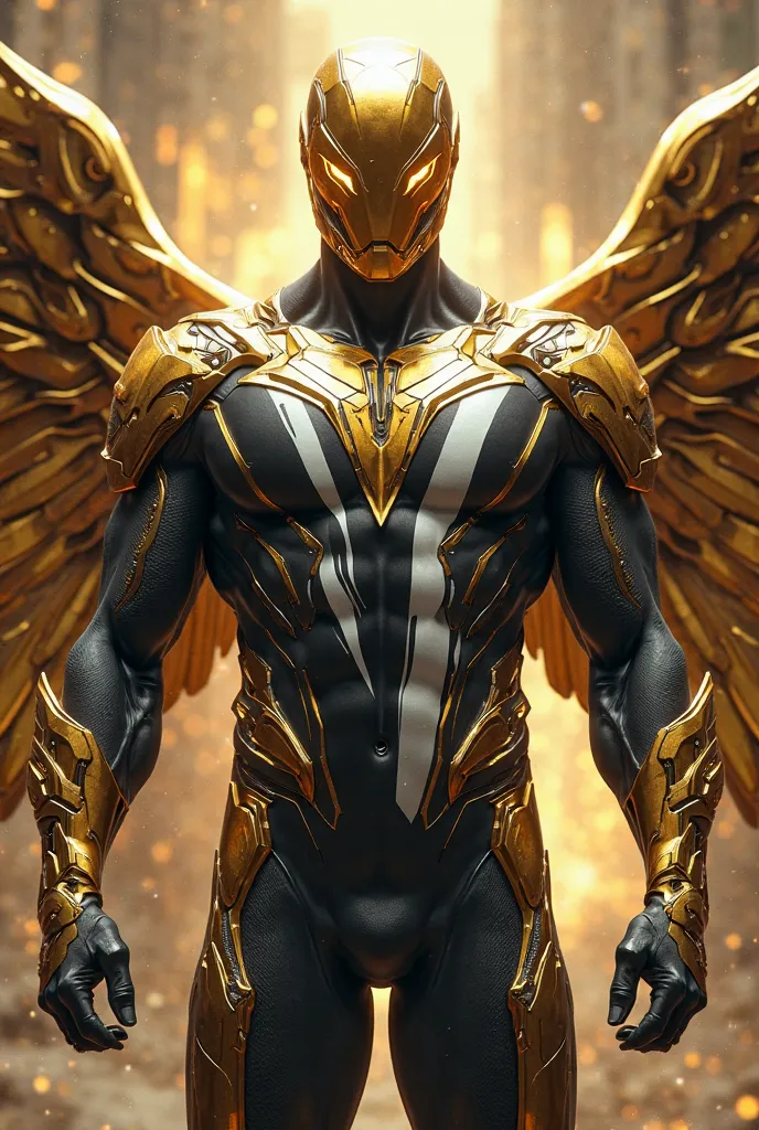 Male, Gold, Black and white stripes, superhero suit with Gold armor and gold wings with Gold Tech Cowl 