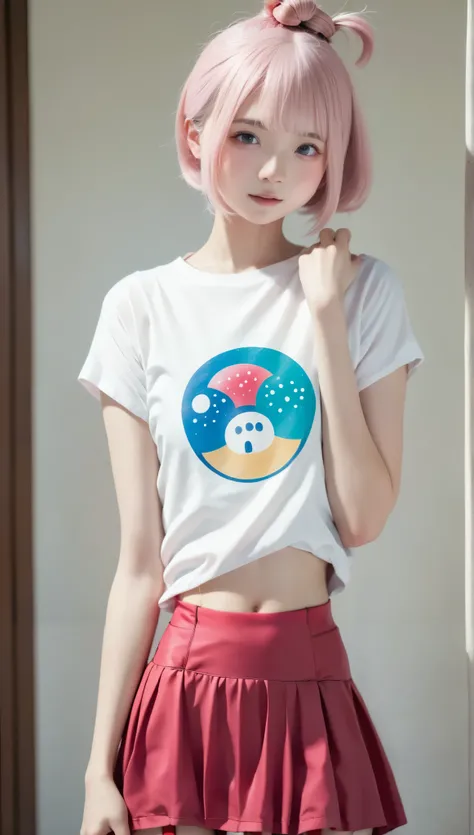 high quality、masterpiece、realistic、perfect anatomy:1.7, cute女の子、超cute、cute、gray eyes、short bob、mushroom cut、(((black hair:1.25、Gradation of pink hair tips:1.37、The tips of the hair change pink with gradation)))、white t-shirt、T-shirt with a picture of a mus...