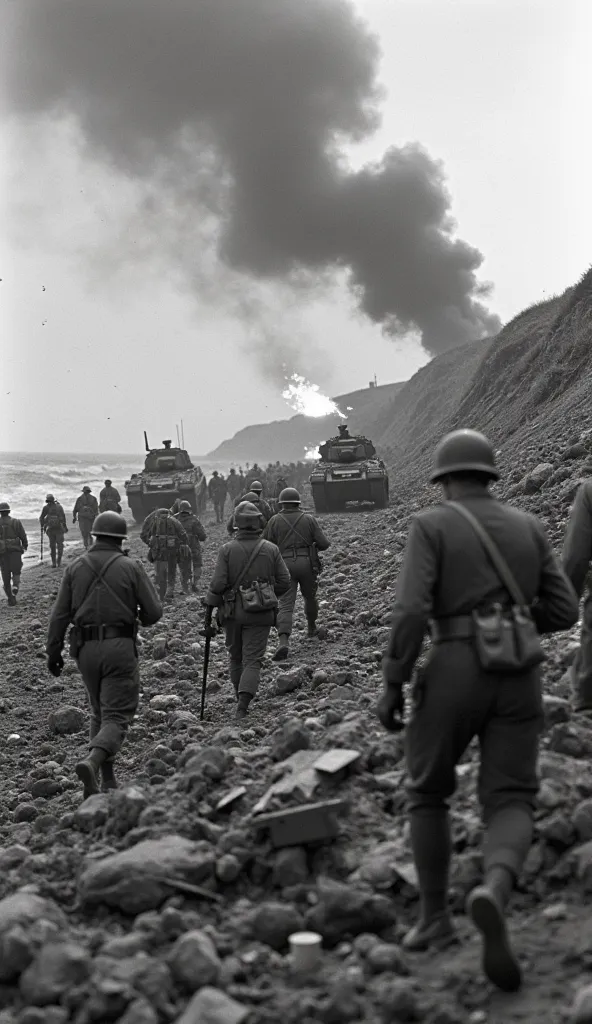 A historically accurate black-and-white depiction of the D-Day battle on June 6, 1944. Amidst the smoke and devastation, Allied soldiers in authentic World War II uniforms push forward through the wreckage of the beach, advancing beyond the shoreline despi...