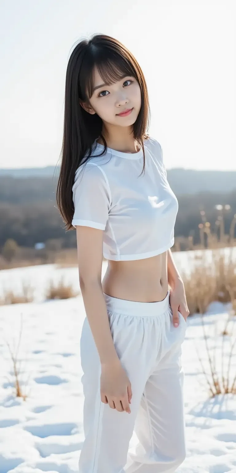 (((8k、high definition、top quality、high definition))) 、Japanese high school girl、 slender 、 (((Baby Face)))、 smooth, clear white skin in the middle of a disheveled bed sheet 、live-action、various poses、 (((Blue sky and snowy meadow:1.5)))、(((Blue sky and sno...