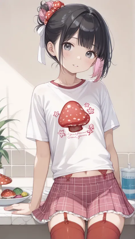 high quality、masterpiece、realistic、perfect anatomy:1.7, cute女の子、超cute、cute、gray eyes、short bob、mushroom cut、(((black hair:1.25、Gradation of pink hair tips:1.37、The tips of the hair change pink with gradation)))、white t-shirt、T-shirt with a picture of a mus...