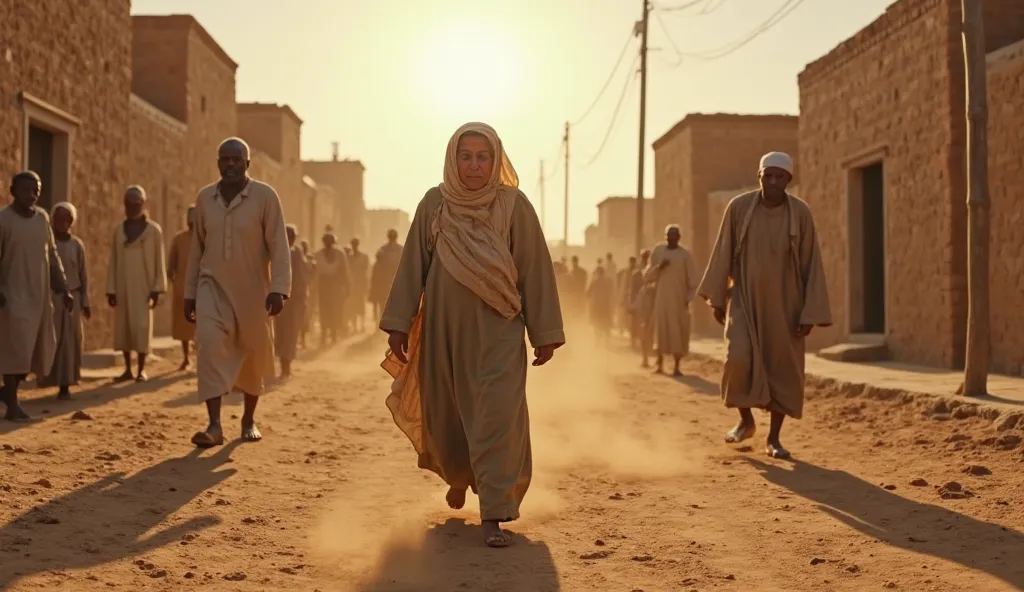 An elderly, pious woman, around 70 years old, with a frail and weak body, is fasting on a scorching hot day. She wears old, simple clothes, and her face shows pain and patience. Her two sons, both around 40 years old and intoxicated, are mercilessly draggi...