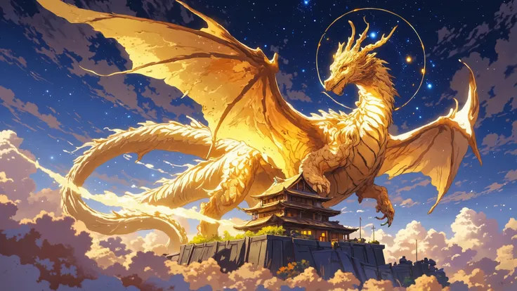 A celestial dragon with glowing golden scales, spiraling around a floating temple in the sky, its eyes radiating divine energy.